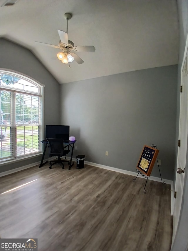 606 Haverhill Cir, Warner Robins, GA 31088 - home office with vaulted ceiling, wood finished floors, and ceiling fan