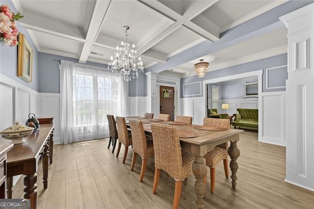 5825 Trailwood Ct, Suwanee, GA 30024 - dining space with a decorative wall, coffered ceiling, light wood-style floors, beamed ceiling, and a chandelier
