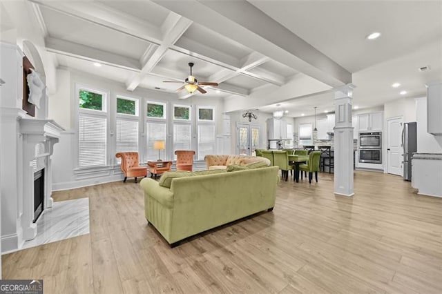 5825 Trailwood Ct, Suwanee, GA 30024 - living room featuring ceiling fan, beam ceiling, recessed lighting, light wood-style flooring, and a premium fireplace