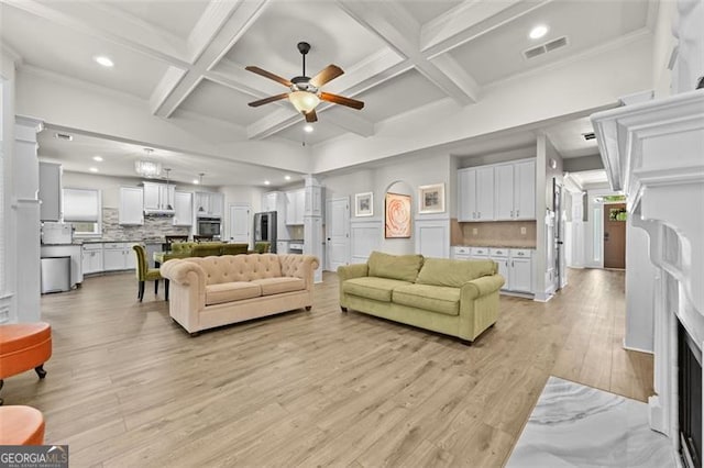 5825 Trailwood Ct, Suwanee, GA 30024 - living area featuring coffered ceiling, a ceiling fan, light wood-style flooring, beamed ceiling, and recessed lighting