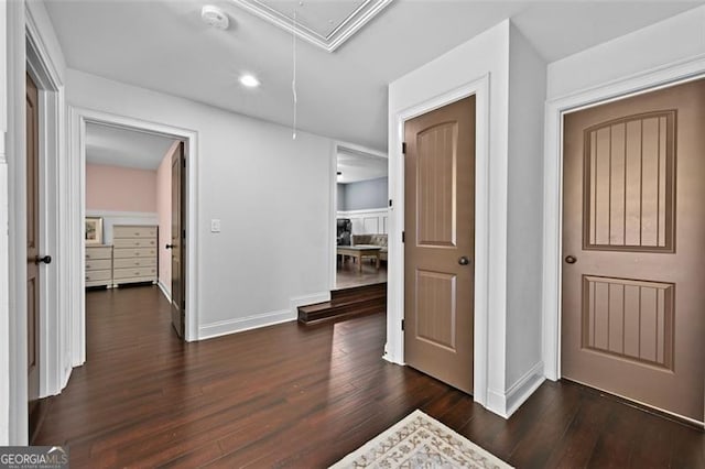 5825 Trailwood Ct, Suwanee, GA 30024 - hall with attic access, dark wood-style flooring, and recessed lighting