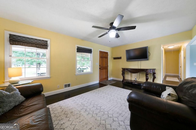 213 Cook St, Cartersville, GA 30120 - living room featuring attic access, a ceiling fan, and dark wood-style floors