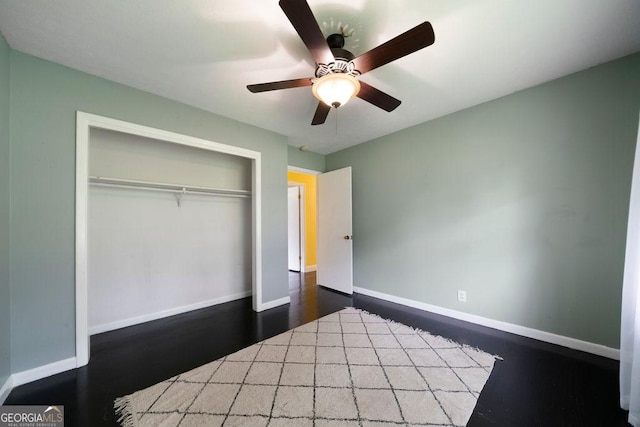213 Cook St, Cartersville, GA 30120 - unfurnished bedroom featuring a closet, wood finished floors, and ceiling fan
