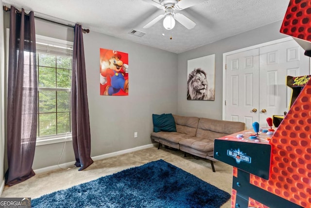 3229 Dunlin Lake Rd, Lawrenceville, GA 30044 - living room featuring carpet, plenty of natural light, a ceiling fan, and a textured ceiling