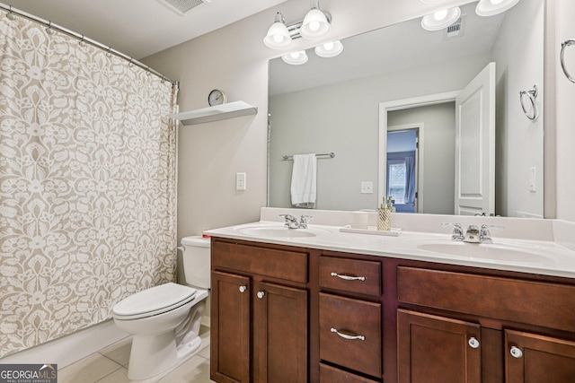 8215 Harlond Way, Suwanee, GA 30024 - bathroom featuring double vanity, tile patterned flooring, and a shower with curtain