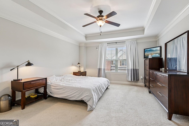 8215 Harlond Way, Suwanee, GA 30024 - bedroom with a tray ceiling, light colored carpet, ornamental molding, and ceiling fan