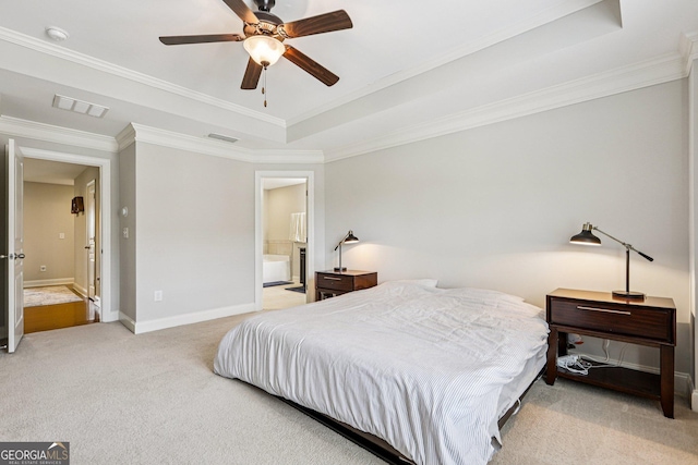 8215 Harlond Way, Suwanee, GA 30024 - bedroom with carpet, ornamental molding, a raised ceiling, ensuite bath, and a ceiling fan