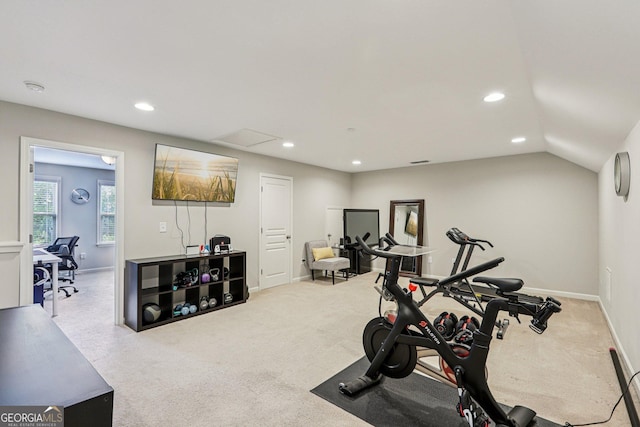 8215 Harlond Way, Suwanee, GA 30024 - workout room featuring carpet, recessed lighting, and lofted ceiling