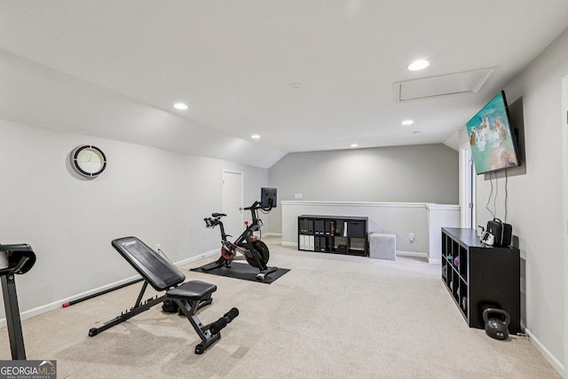 8215 Harlond Way, Suwanee, GA 30024 - exercise room featuring attic access, carpet floors, vaulted ceiling, and recessed lighting