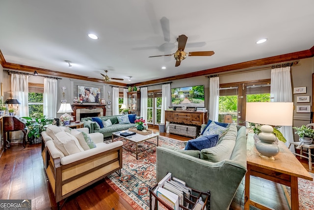 6180 Old Jefferson Rd, Athens, GA 30607 - living room with a ceiling fan, ornamental molding, plenty of natural light, hardwood / wood-style floors, and recessed lighting