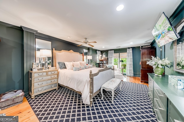6180 Old Jefferson Rd, Athens, GA 30607 - bedroom with recessed lighting, wood finished floors, access to outside, and ceiling fan