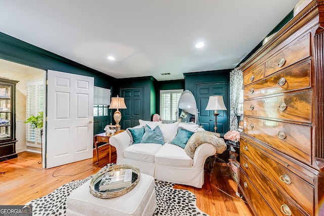6180 Old Jefferson Rd, Athens, GA 30607 - living area with light wood-type flooring, crown molding, and recessed lighting