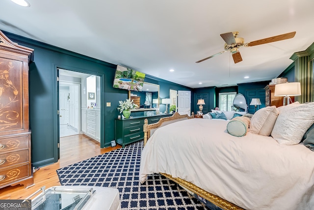 6180 Old Jefferson Rd, Athens, GA 30607 - bedroom featuring wood finished floors, connected bathroom, recessed lighting, and ceiling fan