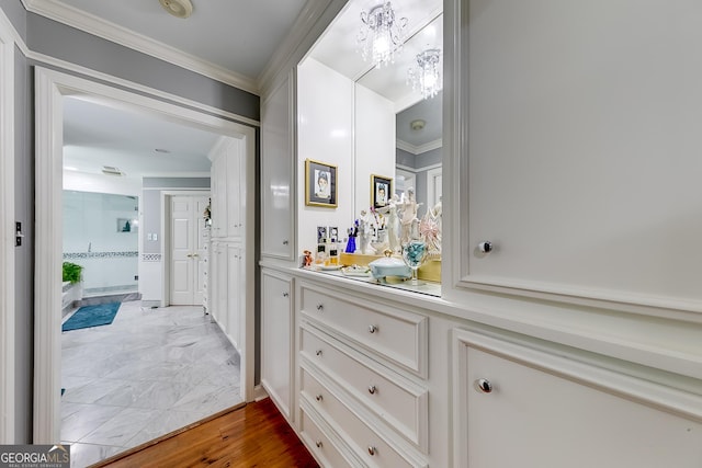 6180 Old Jefferson Rd, Athens, GA 30607 - bathroom featuring ornamental molding, vanity, and marble finish floors