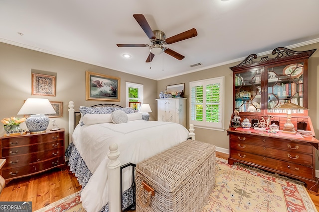 6180 Old Jefferson Rd, Athens, GA 30607 - bedroom featuring wood finished floors, ornamental molding, a ceiling fan, and recessed lighting