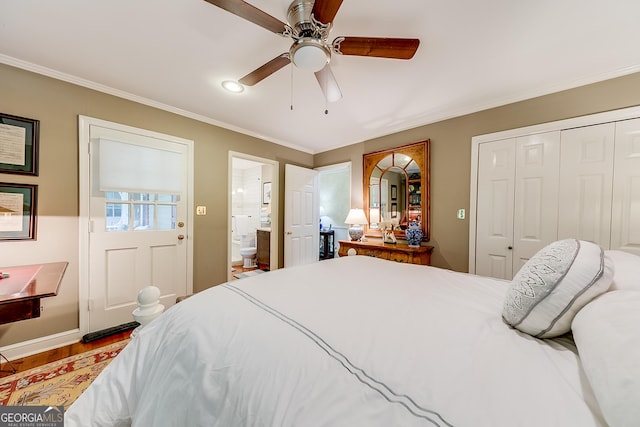 6180 Old Jefferson Rd, Athens, GA 30607 - bedroom with ornamental molding, wood finished floors, a closet, a ceiling fan, and ensuite bath