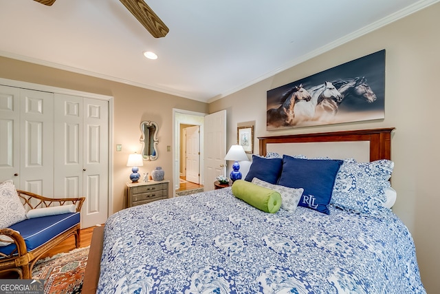 6180 Old Jefferson Rd, Athens, GA 30607 - bedroom with ornamental molding, a closet, wood finished floors, a ceiling fan, and recessed lighting