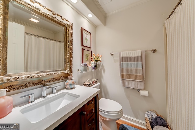 6180 Old Jefferson Rd, Athens, GA 30607 - full bathroom with ornamental molding, vanity, recessed lighting, and wood finished floors