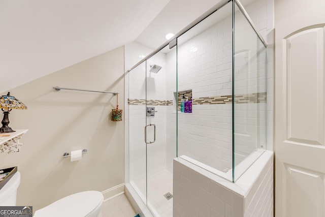 6180 Old Jefferson Rd, Athens, GA 30607 - bathroom with a stall shower and vaulted ceiling