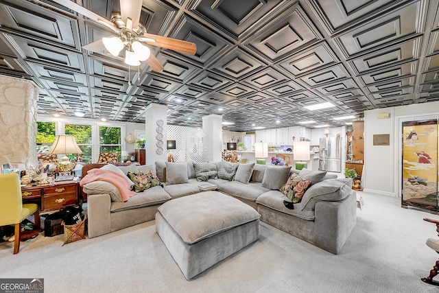 6180 Old Jefferson Rd, Athens, GA 30607 - living area with an ornate ceiling, carpet flooring, and a ceiling fan
