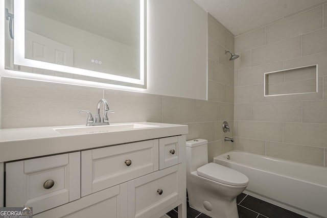 4959 Abbotts Glen Trl NW, Acworth, GA 30101 - bathroom featuring washtub / shower combination, vanity, tile walls, and tile patterned floors