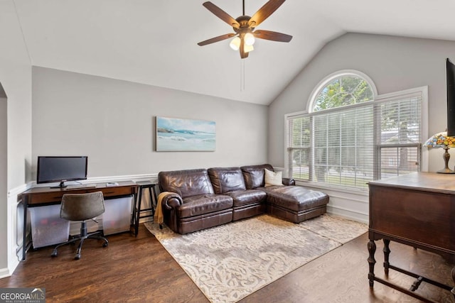 192 Sandhurst Ct, Suwanee, GA 30024 - living area with ceiling fan, lofted ceiling, wood finished floors, and an office area