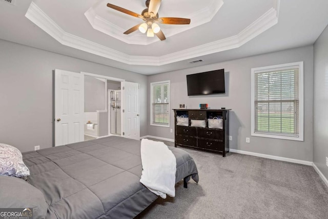 192 Sandhurst Ct, Suwanee, GA 30024 - bedroom featuring ornamental molding, a raised ceiling, multiple windows, carpet flooring, and a ceiling fan