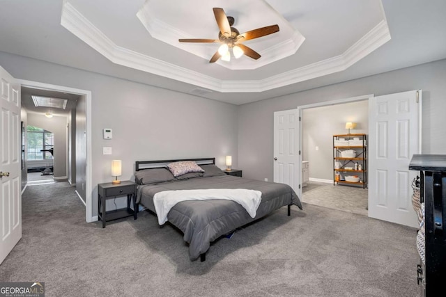 192 Sandhurst Ct, Suwanee, GA 30024 - carpeted bedroom with a tray ceiling, crown molding, attic access, and ceiling fan