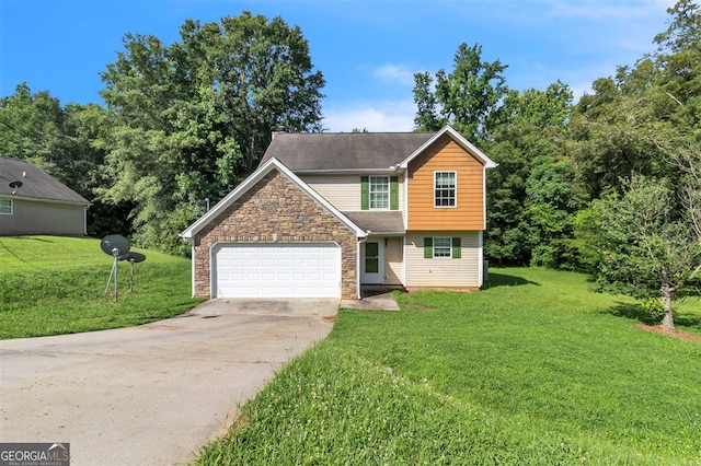 3376 Trotters Ridge Trl, Gray, GA 31032 - view of front of home with stone siding, driveway, an attached garage, and a front lawn