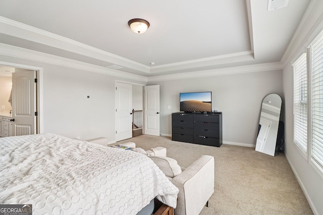 1564 Brunswick St, Lithia Springs, GA 30122 - bedroom with a tray ceiling, multiple windows, light colored carpet, and crown molding