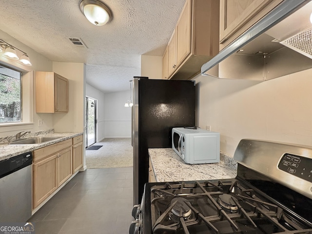 10173 Brass Ring Rd, Jonesboro, GA 30238 - kitchen featuring appliances with stainless steel finishes, light brown cabinetry, extractor fan, plenty of natural light, and a textured ceiling