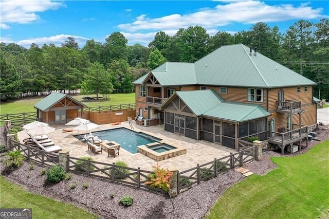 6590 Lights Ferry Rd, Flowery Branch, GA 30542 - view of swimming pool with a sunroom, a patio area, a fenced backyard, and a pool with connected hot tub