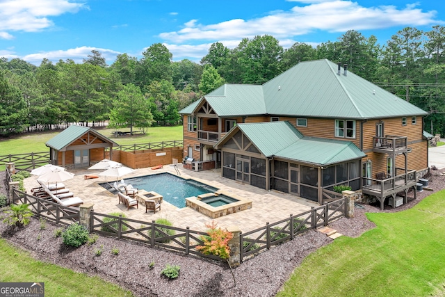 6590 Lights Ferry Rd, Flowery Branch, GA 30542 - view of pool with a sunroom, a patio, a fenced backyard, a pool with connected hot tub, and a fire pit