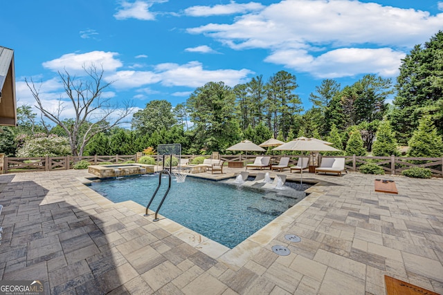 6590 Lights Ferry Rd, Flowery Branch, GA 30542 - view of pool with a patio, a pool with connected hot tub, and a fenced backyard