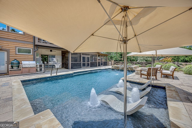 6590 Lights Ferry Rd, Flowery Branch, GA 30542 - view of pool with a sunroom, a patio area, exterior kitchen, and a pool with connected hot tub