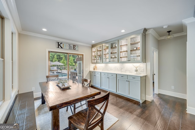 6590 Lights Ferry Rd, Flowery Branch, GA 30542 - dining space featuring crown molding, dark wood-style floors, and recessed lighting