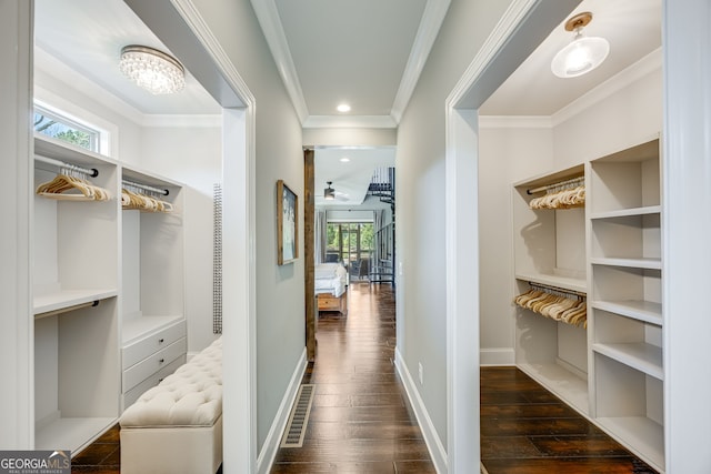 6590 Lights Ferry Rd, Flowery Branch, GA 30542 - spacious closet featuring dark wood finished floors and a chandelier