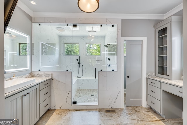 6590 Lights Ferry Rd, Flowery Branch, GA 30542 - full bath with marble tiled flooring, vanity, a marble finish shower, ornamental molding, and recessed lighting