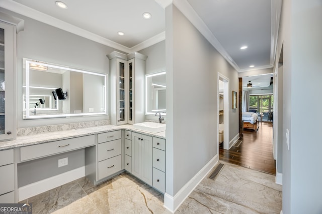 6590 Lights Ferry Rd, Flowery Branch, GA 30542 - ensuite bathroom featuring crown molding, vanity, recessed lighting, marble finish floors, and ceiling fan