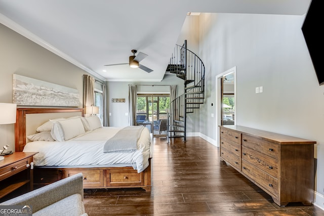 6590 Lights Ferry Rd, Flowery Branch, GA 30542 - bedroom featuring access to exterior, ornamental molding, dark wood finished floors, and ceiling fan