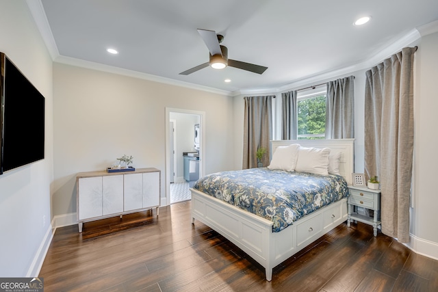 6590 Lights Ferry Rd, Flowery Branch, GA 30542 - bedroom featuring crown molding, dark wood-style floors, recessed lighting, and ceiling fan