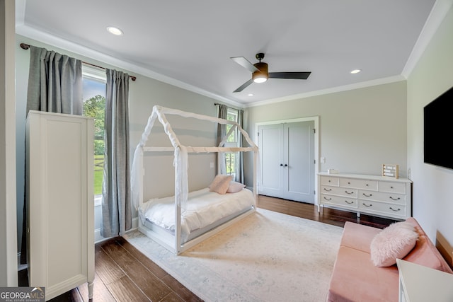 6590 Lights Ferry Rd, Flowery Branch, GA 30542 - bedroom with multiple windows, dark wood finished floors, ornamental molding, ceiling fan, and recessed lighting