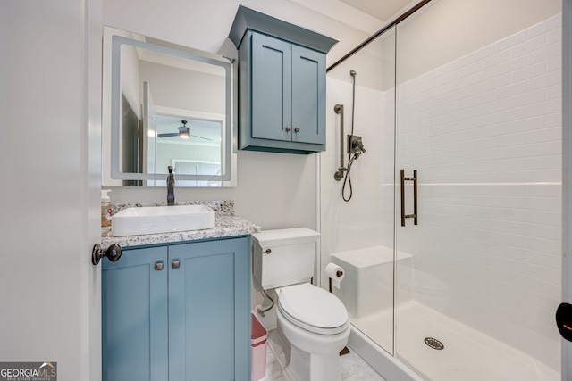 6590 Lights Ferry Rd, Flowery Branch, GA 30542 - bathroom with a shower stall, vanity, and a ceiling fan