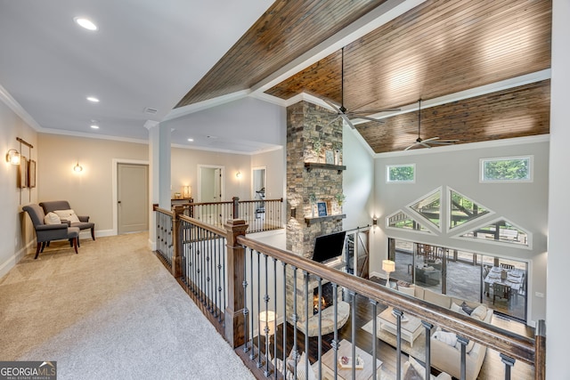 6590 Lights Ferry Rd, Flowery Branch, GA 30542 - hall featuring recessed lighting, high vaulted ceiling, carpet, an upstairs landing, and ornamental molding