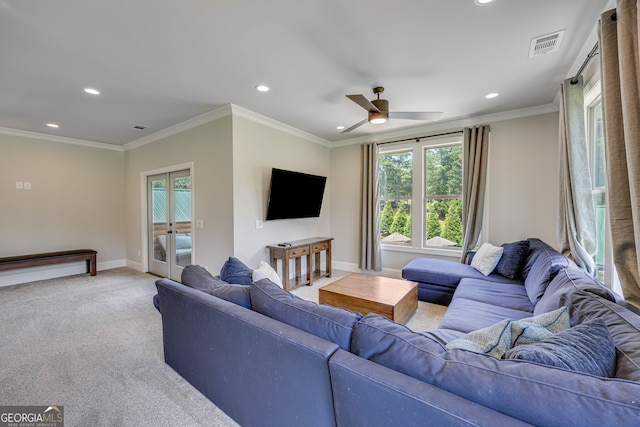 6590 Lights Ferry Rd, Flowery Branch, GA 30542 - living room with recessed lighting, french doors, healthy amount of natural light, a ceiling fan, and light carpet