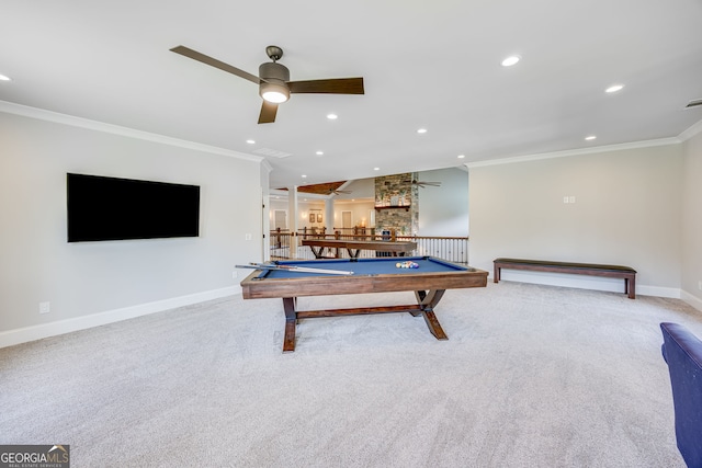 6590 Lights Ferry Rd, Flowery Branch, GA 30542 - game room featuring crown molding, ceiling fan, billiards, carpet floors, and recessed lighting