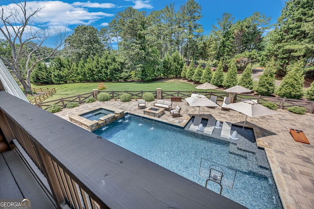 6590 Lights Ferry Rd, Flowery Branch, GA 30542 - view of pool featuring a patio, a fenced backyard, a pool with connected hot tub, and view of wooded area
