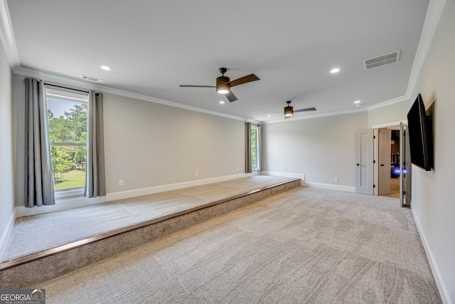 6590 Lights Ferry Rd, Flowery Branch, GA 30542 - spare room with ornamental molding, carpet flooring, ceiling fan, and recessed lighting