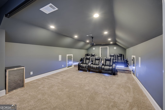 6590 Lights Ferry Rd, Flowery Branch, GA 30542 - home theater featuring lofted ceiling, carpet flooring, and recessed lighting