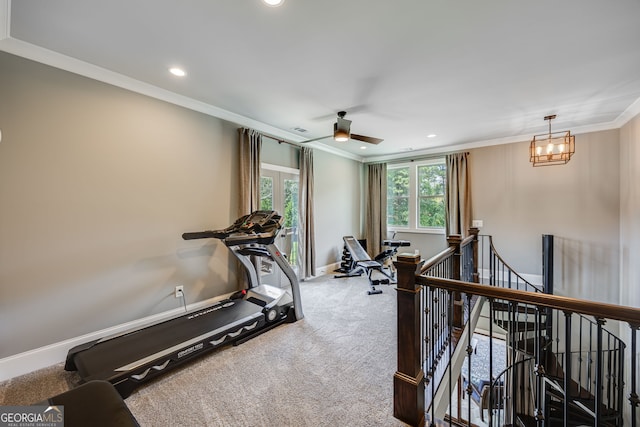 6590 Lights Ferry Rd, Flowery Branch, GA 30542 - workout room with carpet, recessed lighting, crown molding, ceiling fan, and a chandelier